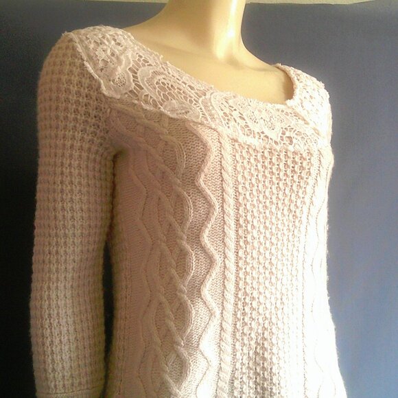 Free People Cream Lace Neckline Cabled Cropped Sweater M - Picture 5 of 11